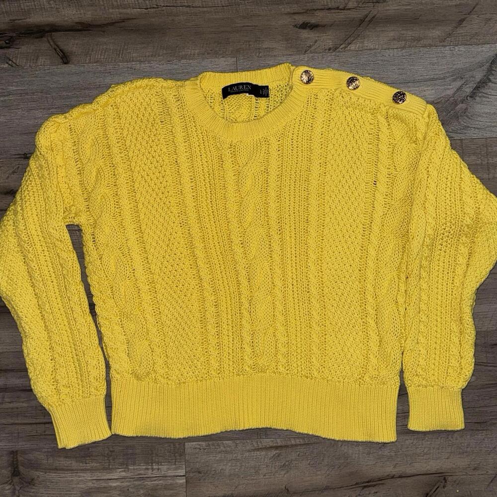 Ralph Lauren Womens  Cable Knit Sweater Yellow Large Gold Shoulder Button Preppy